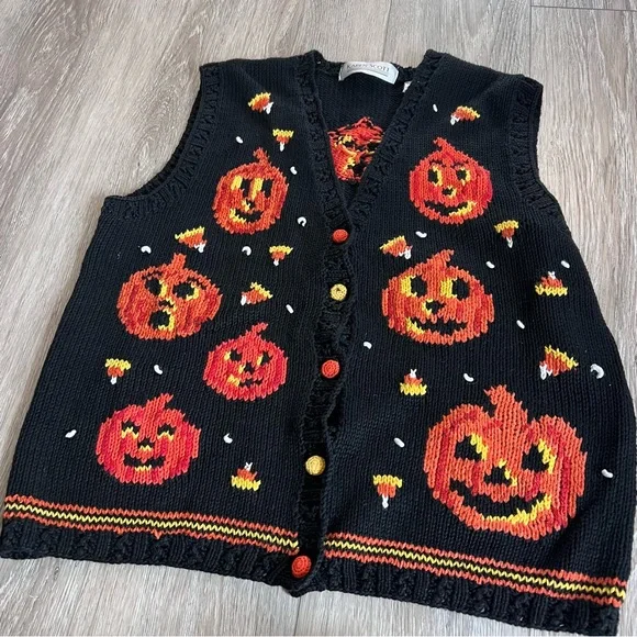 Vintage Halloween Sweater Vest Black Orange Pumpkins - Picture 2 of 13